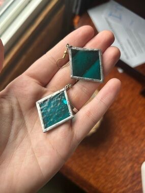 Teal Stained Glass Diamond Dangle Earrings